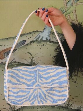 STAUD Blue and Cream Beaded Zebra Shoulder Bag